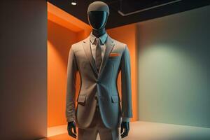 AI generated Stylish suits on mannequins on solid color background, closeup. ai generative photo