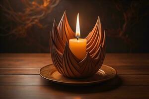 AI generated Creative burning candle on a wooden background. ai generative photo