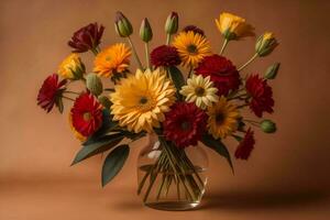 AI generated Bouquet of flowers in a vase on a brown background. ai generated photo