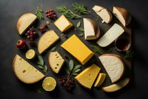 AI generated Cheese collection, various types of cheese on dark background, top view. ai generated photo