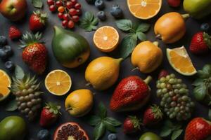 AI generated Flat lay composition with fresh fruits and berries on grey background, top view. ai generated photo