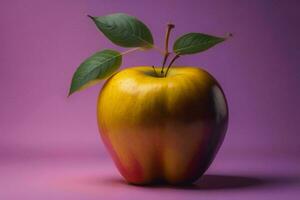 AI generated Ripe apple with green leaves on a purple background. ai generated photo