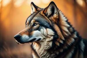 ai generado retrato de un lobo en el otoño bosque. de cerca. generativo ai foto