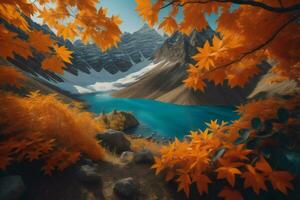 AI generated Beautiful autumn landscape with lake and mountains. generative ai photo