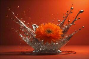 AI generated Orange gerbera flower in a glass vase with water drops. ai generated photo