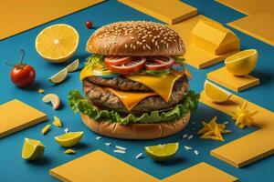 AI generated Cheeseburger with ingredients on blue background. generative ai photo