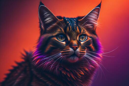 AI generated Portrait of a Maine Coon cat in neon light on a red background. ai generated photo