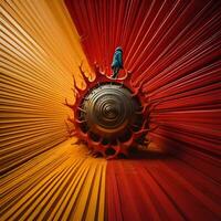 AI generated a man standing next to a gear wheel on a red background. generative ai photo