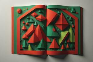 ai generado abrió libro con origami modelo. generativo ai foto