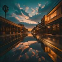 ai generado puesta de sol en el ciudad con reflexión en el agua y palma arboles generativo ai foto