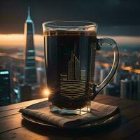 AI generated Cup of coffee with city skyline at night. generative ai photo