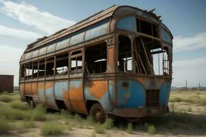 AI generated Abandoned bus in the desert of Arizona, United States. generative ai photo
