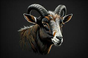 AI generated Head of a goat with long horns on a black background. Vector illustration. generative ai photo