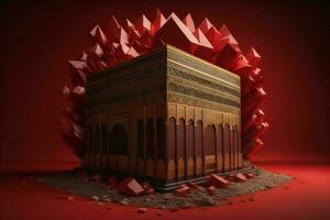 AI generated Kaaba on red background. generative ai photo