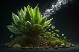 AI generated green plant with smoke coming out of the ground. generative ai photo