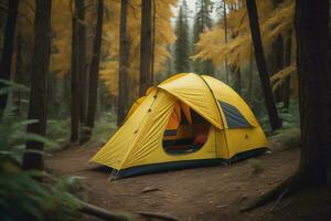 AI generated Camping tent in the forest, camping in the forest. Adventure and travel concept. generative ai photo