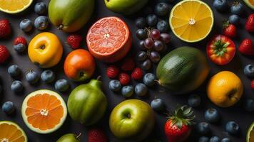 AI generated Fruits and berries on a dark background, top view, flat lay. generative ai photo