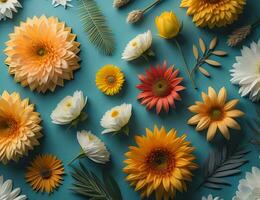 AI generated Flowers composition. Colorful flowers on blue background. Flat lay, top view. generative ai photo