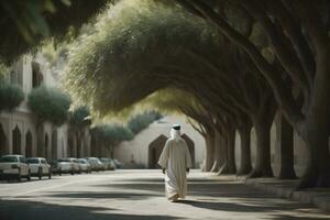 AI generated Arabic man walking in the middle of the arches of a mosque. generative ai photo