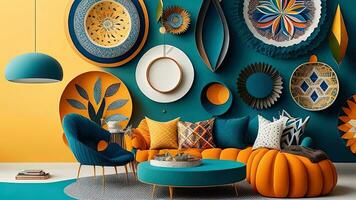 AI generated Interior of modern living room with blue armchair, round mirror and turquoise sofa. generative ai photo