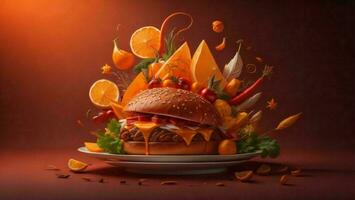 ai generado hamburguesa con vegetales y frutas en un oscuro antecedentes. concepto de rápido alimento. generativo ai foto