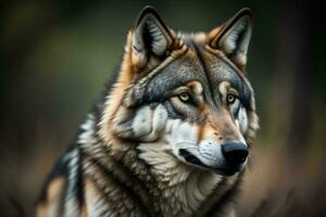 AI generated Portrait of a wolf in the forest. Selective focus. ai generated photo