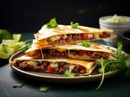 AI generated Delicious Mexican quesadilla with minced meat, vegetables and greens. Traditional food, Latin American, Mexican cuisine. Photorealistic, background with bokeh effect. AI generated. photo