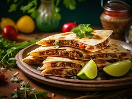 AI generated Delicious Mexican quesadilla with minced meat, vegetables and greens. Traditional food, Latin American, Mexican cuisine. Photorealistic, background with bokeh effect. AI generated. photo