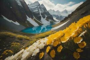 AI generated Glacier lake in the mountains with yellow flowers in the foreground. generative ai photo