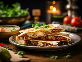 AI generated Delicious Mexican quesadilla with minced meat, vegetables and greens. Traditional food, Latin American, Mexican cuisine. Photorealistic, background with bokeh effect. AI generated. photo