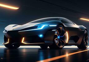 AI generated Futuristic black sports car in neon light. ai generative photo