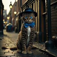 AI generated Funny kitten in a hat and bow tie on the street. ai generated photo