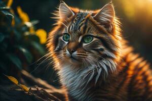 ai generado retrato de un Maine mapache gato con verde ojos en puesta de sol ligero. generativo ai foto