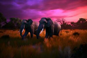 AI generated Herd of Elephants in Africa walking through the grass. Neural network AI generated photo