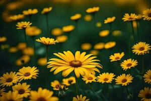 ai generado amarillo flores en un campo con verde antecedentes foto
