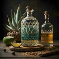 AI generated Aloe vera and tequila in bottles on wooden background. generative ai photo