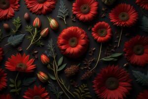AI generated Flowers composition. Red gerbera flowers on black background. Flat lay, top view, copy space. generative ai photo