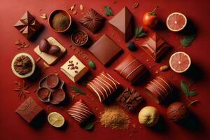 AI generated Chocolates with fruits and spices on red background, top view. generative ai photo