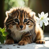 AI generated Cute bengal kitten with white flower in the garden. generative ai photo