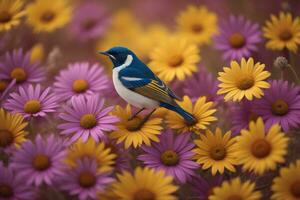 AI generated Colorful chamomile flowers and bird in the meadow. generative ai photo