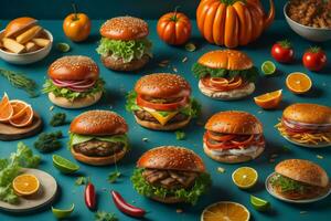 AI generated Hamburgers with vegetables on blue background. generative ai photo