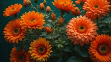 AI generated Orange gerbera flowers in a pot on a dark background. generative ai photo