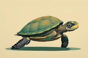 ai generado ilustración de un Tortuga en un verde antecedentes en dibujos animados estilo. ai generativo foto