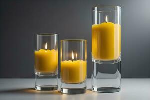 AI generated Burning candles in glasses on wooden table, closeup. Space for text. ai generative photo