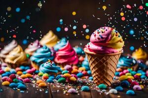 AI generated colorful ice cream cones and sprinkles on a wooden table photo