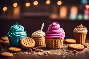 AI generated a group of ice cream cups and cookies photo