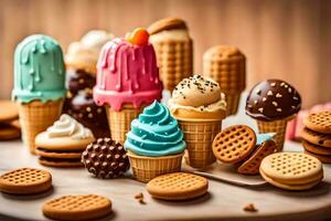 AI generated various ice cream cones and cookies on a table photo