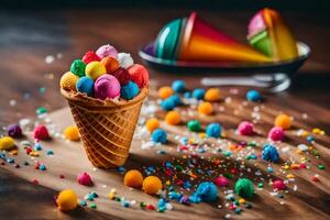 AI generated an ice cream cone with colorful sprinkles photo