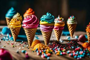 AI generated colorful ice cream cones with sprinkles on a wooden table photo