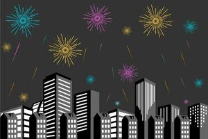 Vector illustration of a festive fireworks display over the city at night scene for holiday and celebration background design.
